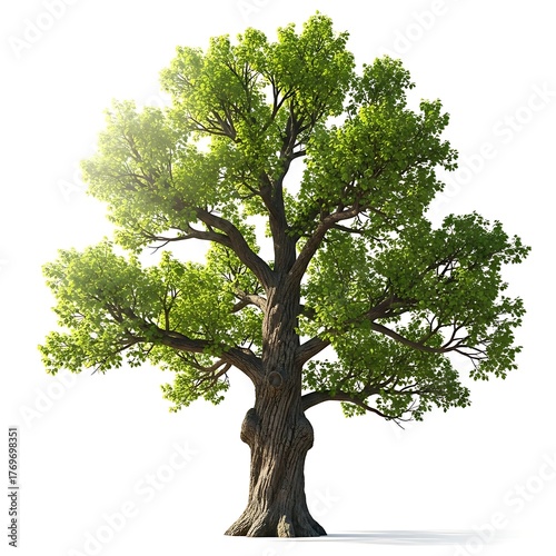 Majestic oak tree with lush green foliage and sunlight shining through its branches on a white background