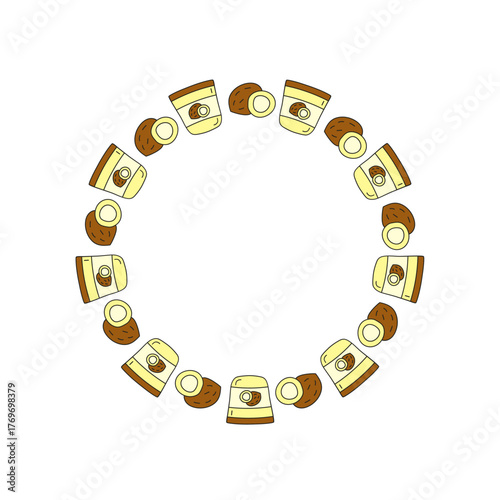 Cute round frame with doodle coconut oil and coco isolated on white background.