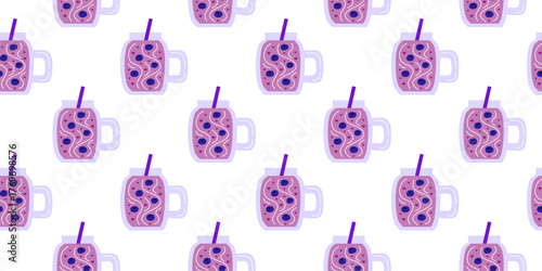 Seamless pattern with flat blueberry smoothie on white background.