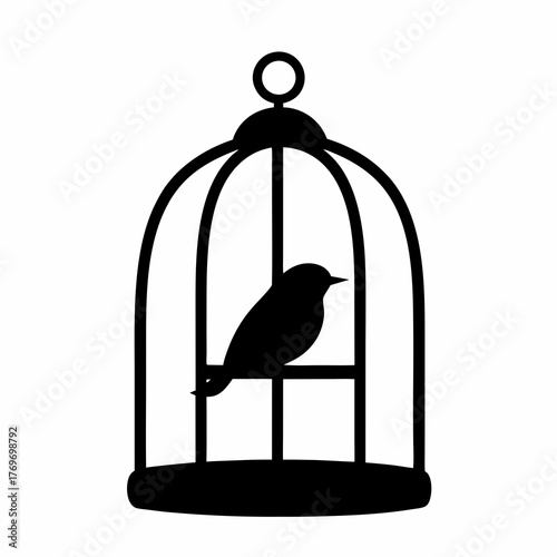 Silhouette of a bird trapped inside a traditional style birdcage illustration