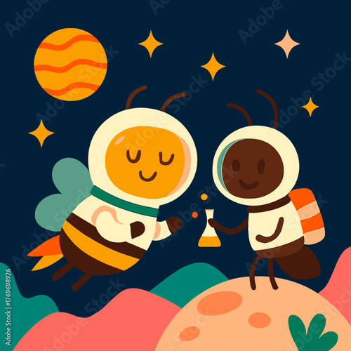 Adorable insect astronauts conduct a fascinating scientific experiment on a distant planet, symbolizing teamwork, discovery, and the wonders of space exploration.