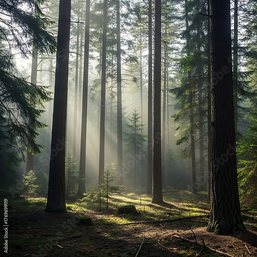 Sunlight beams filter through tall evergreen trees in a misty forest creating a serene and magical atmosphere