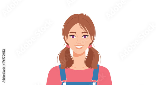 A cheerful young woman illustration with brown pigtails, purple eyes, wearing pink and blue overalls, smiling confidently.