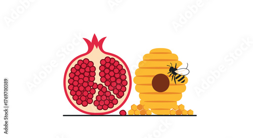 A vibrant illustration featuring a halved pomegranate and a beehive with a bee, symbolizing sweetness, abundance, and new beginnings.