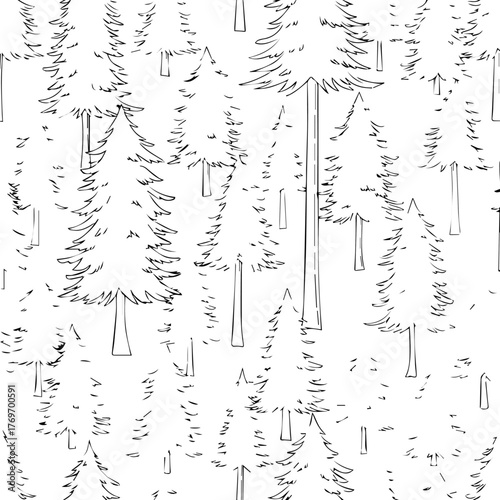 Hand-drawn Illustration of Seamless Forest Pattern - Artistic Depiction of Trees for Design