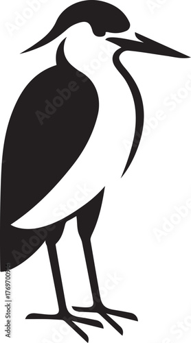 Stylized heron standing black bird design, Elegant water bird silhouette vector