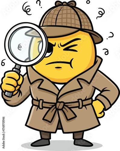 Cartoon detective character with a magnifying glass, looking for clues