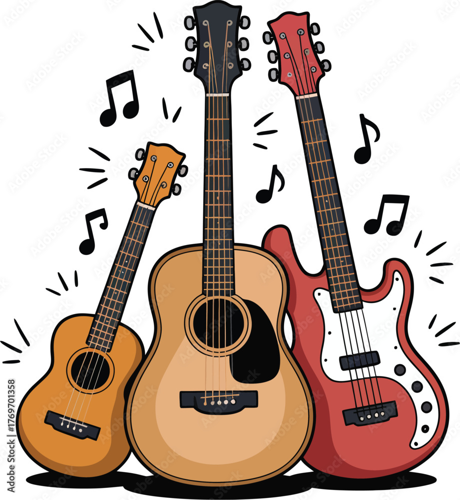 Obraz premium Acoustic and electric guitar vector illustration set of musical instruments for string music