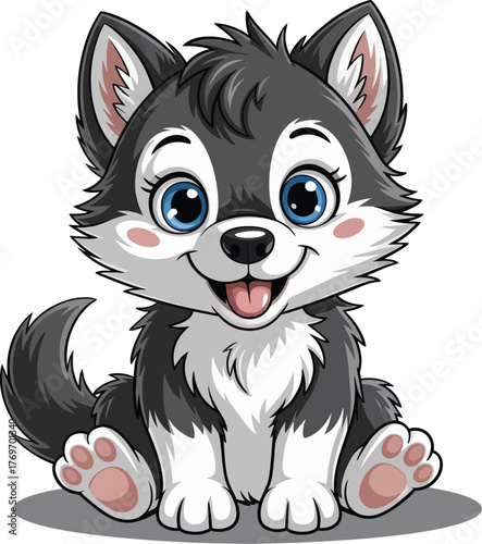 This cute cartoon cat and dog vector illustration features a fun pet design of a kitten and a husky mammal head for art or a tattoo