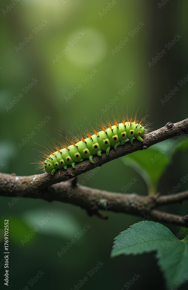 Fototapeta premium Green with orange spikes crawls on tree branch. Small insect moves slowly in natural garden setting. Wildlife macro photo shows detailed bug life. Its body has black spots and yellow markings.