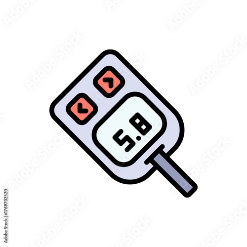 Blood glucose meter test color icon. Glucose monitor, glucometer pharmacy, testing strip diabetes, chronic, treatment vector symbol.