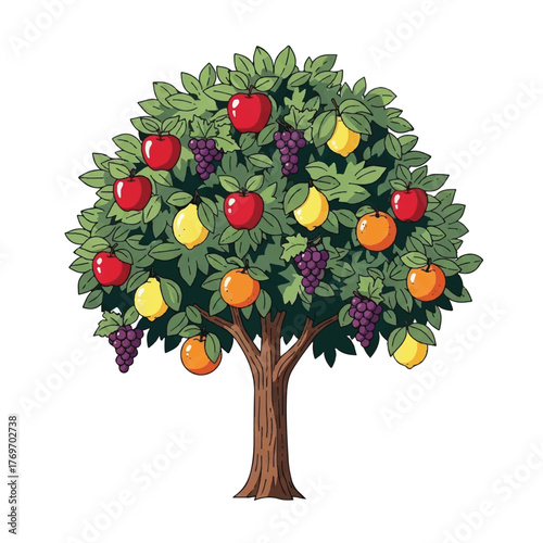 Vibrant illustration of a bountiful fruit tree, showcasing a delightful mix of apples, lemons, oranges, and grapes, symbolizing diverse abundance and natural growth
