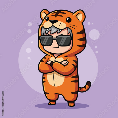 Cool Grandpa Tiger Mascot Character with Sunglasses and Kigurumi