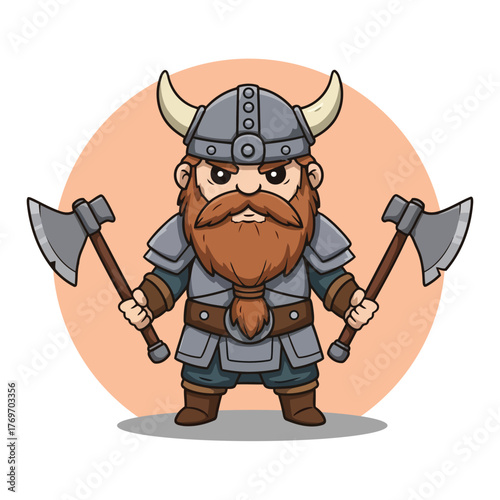 Cartoon Dwarf Viking Warrior Holding Axes