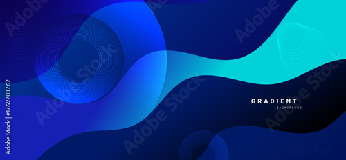 Dark blue gradient abstract background with geometric wave shapes and circular lines