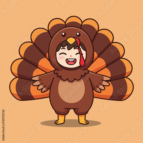 Adorable child wearing a happy Thanksgiving turkey mascot costume