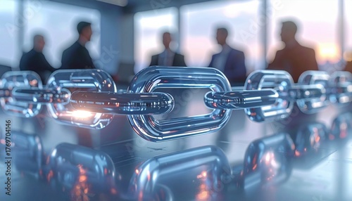 Abstract transparent chain symbolizing blockchain connection and digital trust concept in futuristic office environment representing secure business networks and technology collaboration
