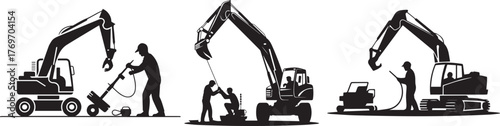 Construction Workers Operating Excavators and Heavy Machinery Silhouette Illustration