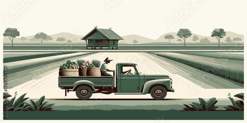 Illustration of a farmer driving a truck through a field, harvesting crops for agriculture