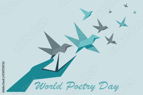 World Poetry Day Origami Birds Letters Music Vector Art