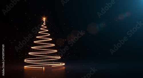 Glowing christmas tree on dark background with light effects and sparkles
