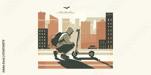 Urban cyclist pauses on an electric scooter against a backdrop of city buildings