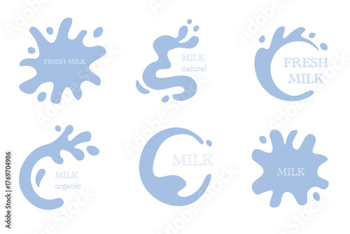 Milk splash labels set isolated on black background. Vector illustration of abstract white liquid swirls, stickers for organic dairy product, yogurt or cream logo template, high quality food sign