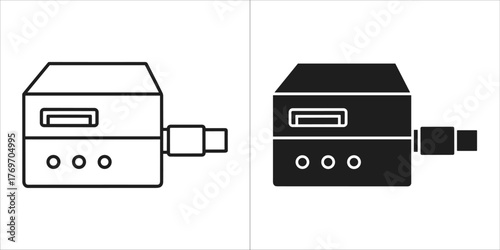Two icons of a small electronic device, one outlined and one solid black