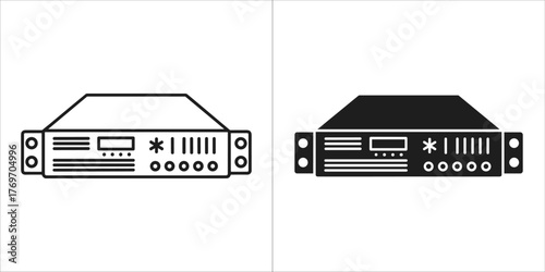 Two icons of a rackmount electronic device, one outlined and one solid black