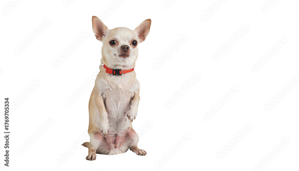 Obraz premium A cute small brown and white Chihuahua puppy sits facing forward, isolated on a white background
