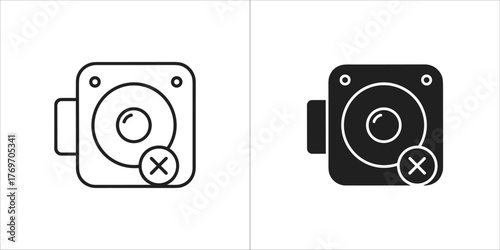 Outline and filled icon of a camera with a cross mark