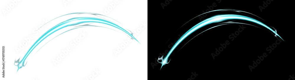 Obraz premium Glowing turquoise light trails with white edges forming sleek, dynamic arcs on a black background.