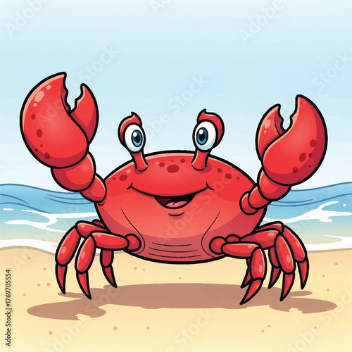 A friendly and cute cartoon crab smiling happily on the seashore, a vibrant and cheerful illustration of marine wildlife
