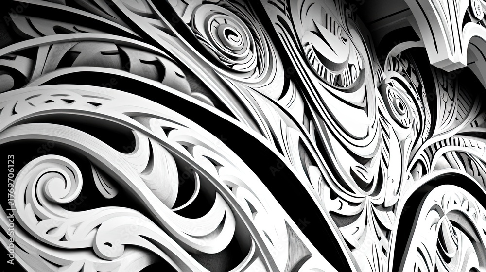 Fototapeta premium Intricate Black and White Wood Carving with Swirling, Layered Patterns and Dramatic Shadows