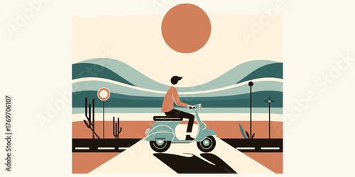 Stylish Rider on a Scooter Adventure in a Scenic Desert Landscape - Travel Illustration