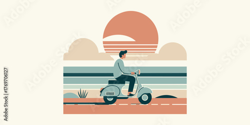 A lone traveler on a scooter embarks on a scenic road trip adventure through a minimalist desert landscape under a warm sun
