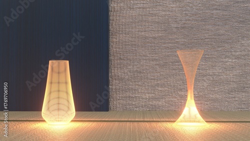 compare two rattan floor lights in japanese cozy room created by 3D modeling.