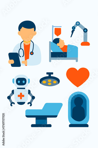 Illustrative flat design icons depicting modern medical advancements, showcasing professional healthcare, patient treatment, and innovative robotic care.
