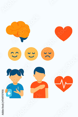 This vibrant collection of icons illustrates the interconnectedness of mental, emotional, and physical health, emphasizing holistic well-being for individuals, particularly children.