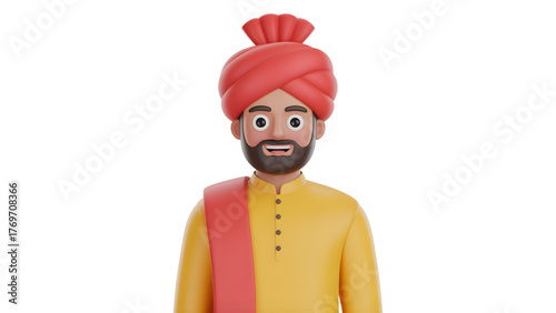 3D rendering of a man in traditional Indian attire wearing a turban isolated on white