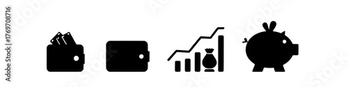 financial planning and investment strategy: a visual representation of wealth management. Wallet with cards icon. Coins silhouette icon. Growth chart. Moneybag or stash. Piggy bank flat style - stock 
