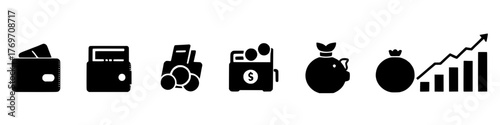 financial icons representing wallets, coins, money bags, and investment growth. Wallet with cards icon. Coins silhouette icon. Growth chart. Moneybag or stash. Piggy bank flat style - stock vector