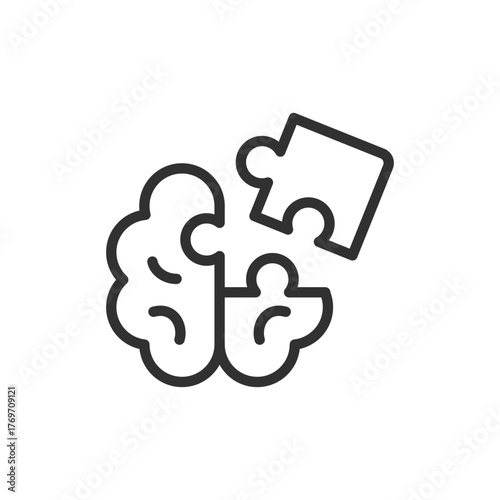 Brain with puzzle piece, linear icon. Creative thinking and problem solving. Line with editable stroke.