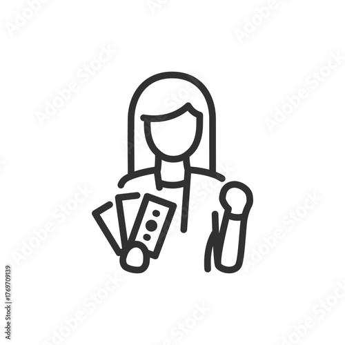 Businesswoman with microphone, linear icon. Public speaking, interview and communication. Line with editable stroke.