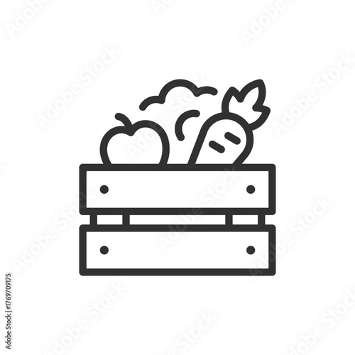 Box of vegetables, linear icon. Fresh produce and organic farming concept. Line with editable stroke.