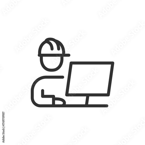 Engineer with computer, linear icon. Technical support and diagnostics. Line with editable stroke.