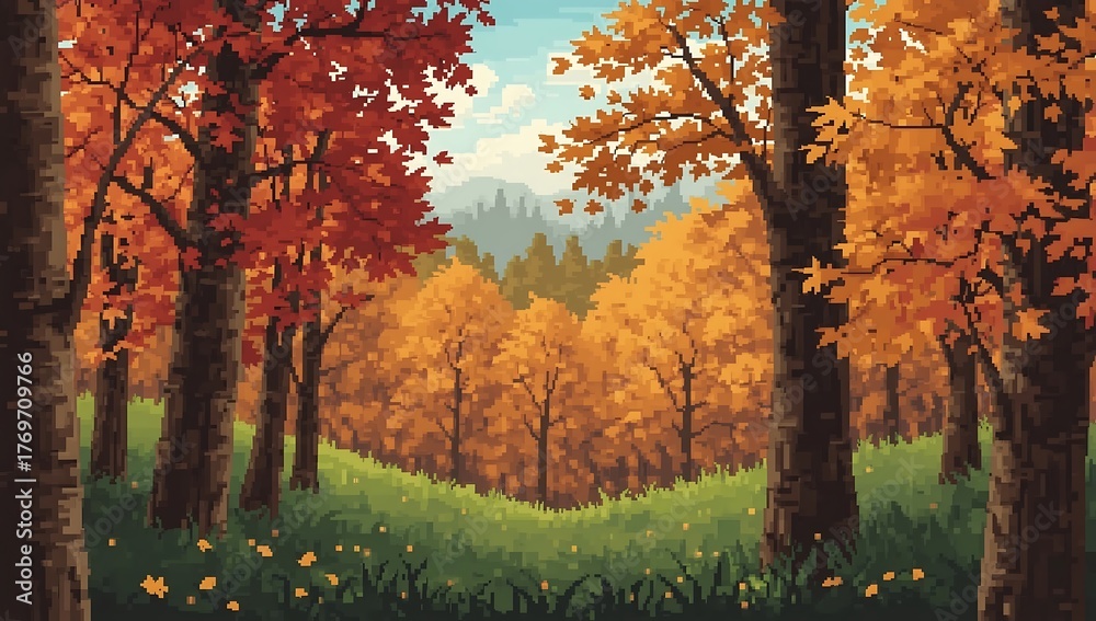Fototapeta premium Pixelated Autumn Forest Scene Vibrant Trees and Grassy Ground
