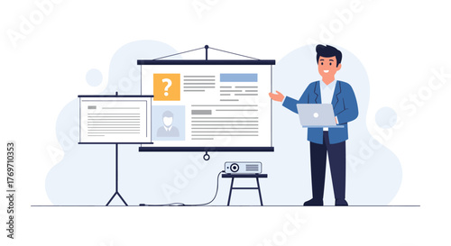 Business presentation concept with professional speaker and laptop in modern flat design