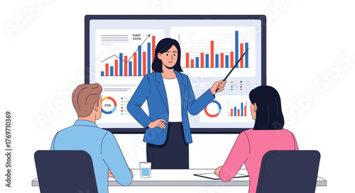 Business presentation with data charts and team discussion in modern office setting