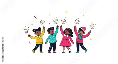 Happy kids celebrating with sparklers and confetti in festive attire